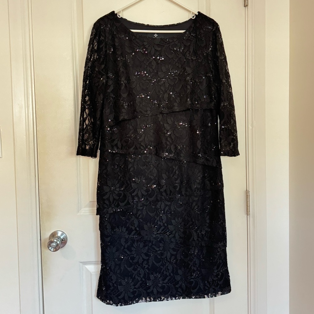 Womens 14 Black Sequin Sparkle Lace Formal Black Dress Ronni Nicole long sleeve